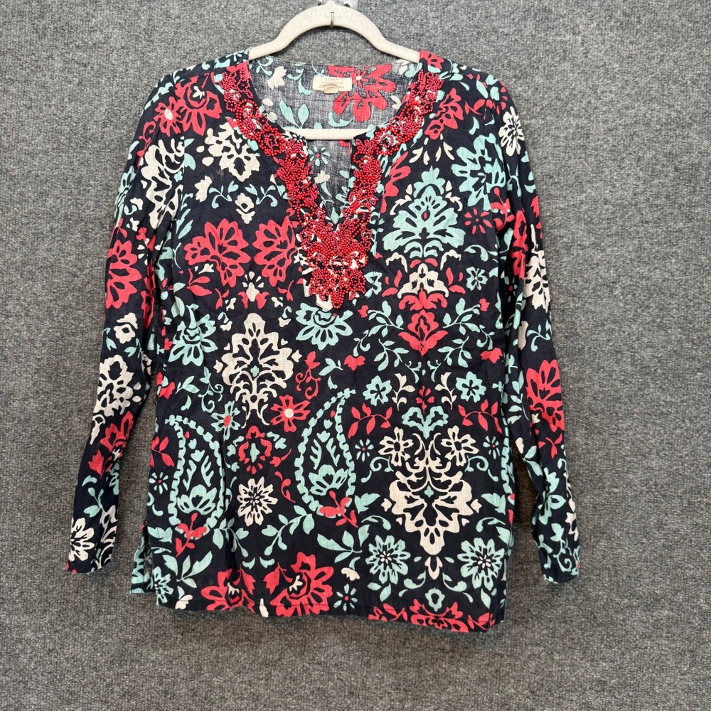 Charter Club Tunic Top Women Medium Petite Blue‎ Beaded 100% Linen Floral Blouse